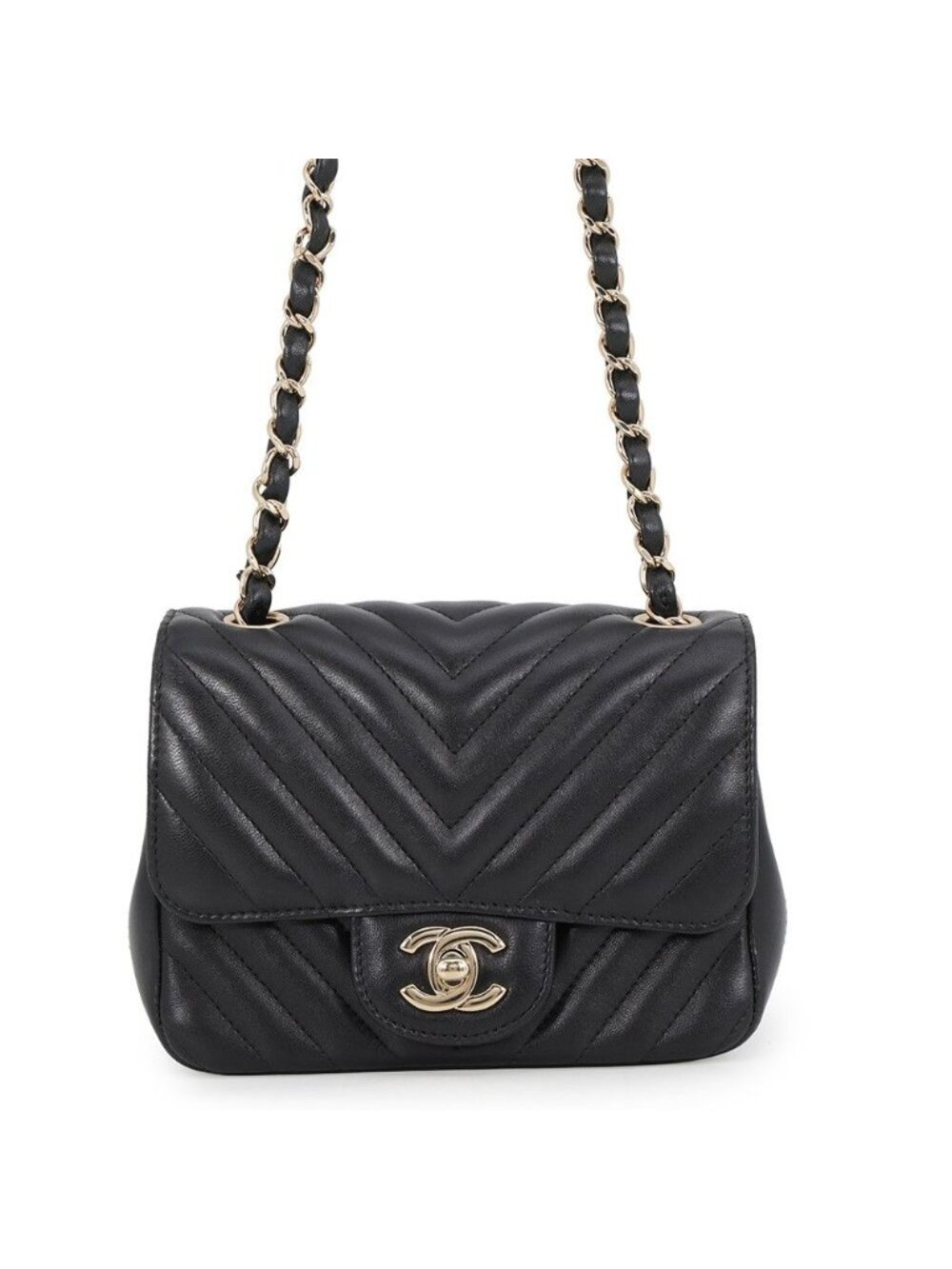 Chanel Chain Shoulder Bag Chevron CC Logo Mini Lambskin V-stitch Black